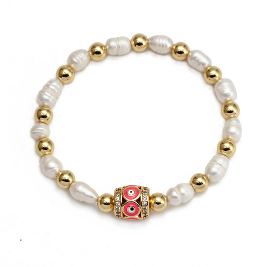 WT-MB123 Gorgeous Enamel Beads Women Bracelets Charming Natural Rice Pearl Beads Strand Bracelet with Turkey Eye Charms