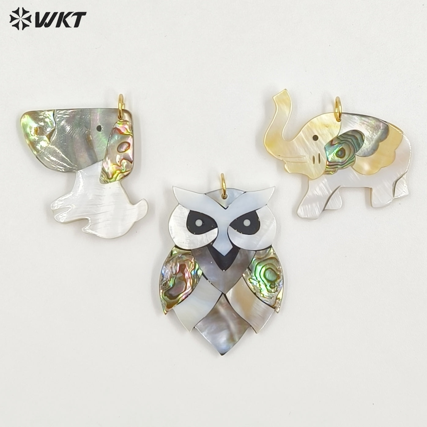 WT-JP460 Wonderful Gold Plated Multiple Designs Natural Shell Elephant Owl Dog Shape Pendant For Friends Gift DIY Making