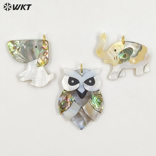 WT-JP460 Wonderful Gold Plated Multiple Designs Natural Shell Elephant Owl Dog Shape Pendant For Friends Gift DIY Making