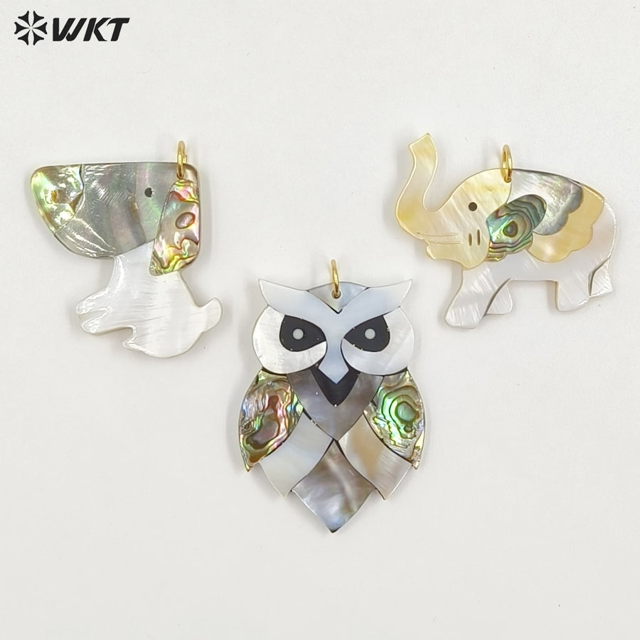 WT-JP460 Wonderful Gold Plated Multiple Designs Natural Shell Elephant Owl Dog Shape Pendant For Friends Gift DIY Making