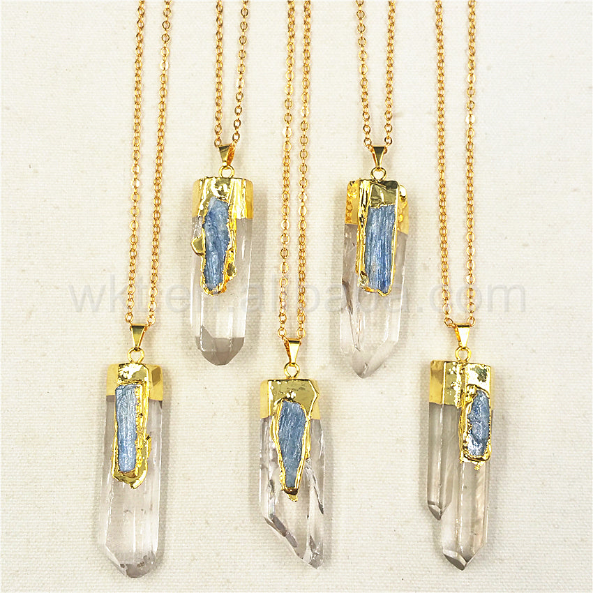 WT-N766 Newest Fashion Natural Clear Crystal Quartz Point With Blue Kyanite Charm Pendant Necklace