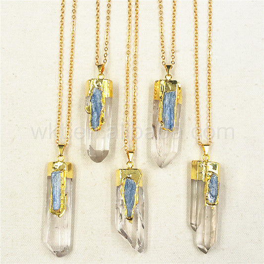 WT-N766 Newest Fashion Natural Clear Crystal Quartz Point With Blue Kyanite Charm Pendant Necklace