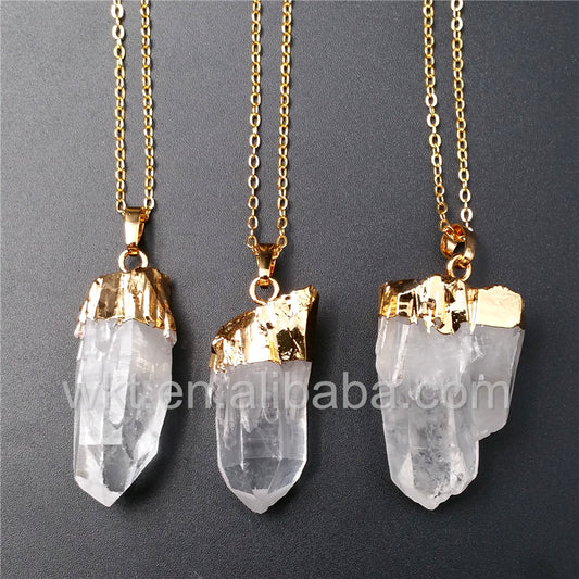 WT-N828 Beautiful Natural Crystal Quartz Point Necklace in Randomly,Fashion 24k Real Gold Dipped Crystal Quartz Point Necklace