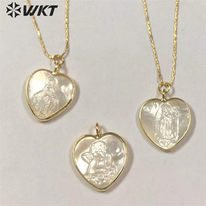 WT-JN162 Virgin Mary Fashion Heart Shape Real Gold Seashell Necklace Christian Religious Necklace Marine Life Jewelry