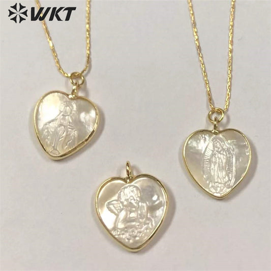 WT-JN162 Virgin Mary Fashion Heart Shape Real Gold Seashell Necklace Christian Religious Necklace Marine Life Jewelry