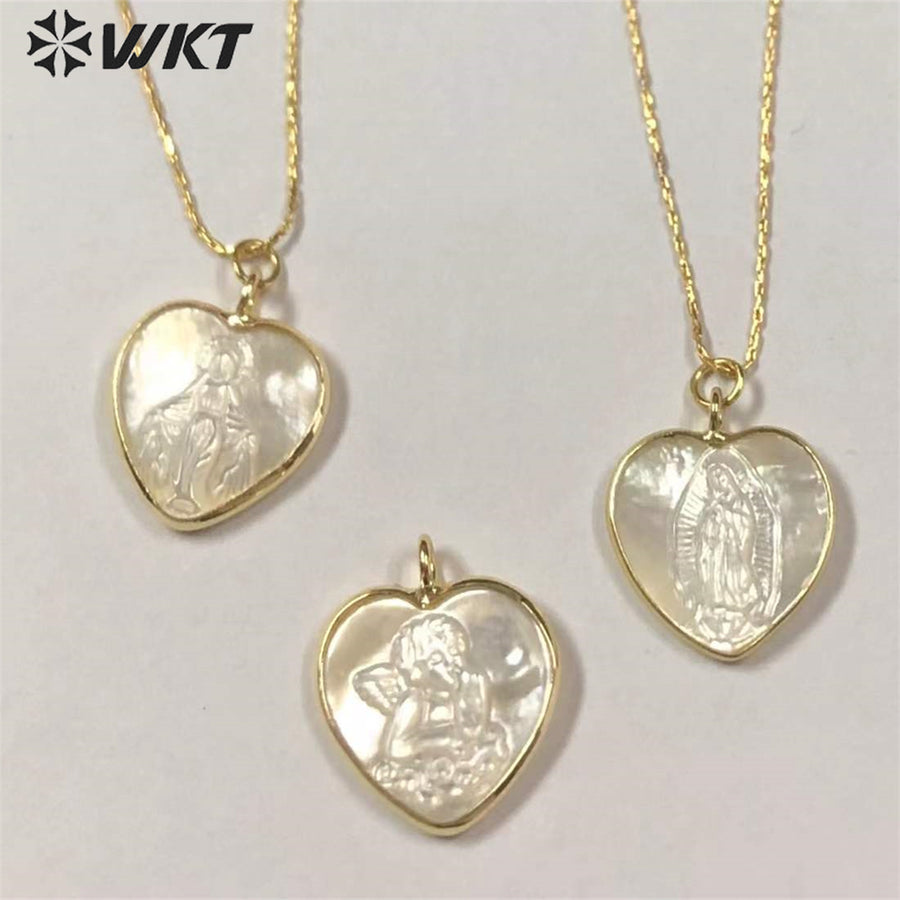 WT-JN162 Virgin Mary Fashion Heart Shape Real Gold Seashell Necklace Christian Religious Necklace Marine Life Jewelry