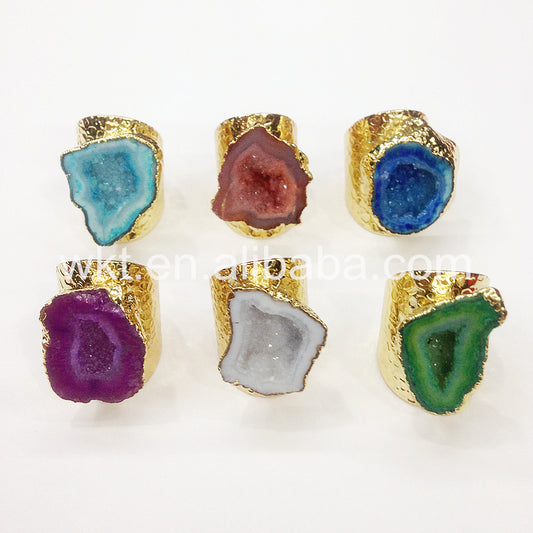 WT-R242 Fashion Design Trendy 24k Gold Plated Natural Druzy Geode Agate Ring Stone Ring