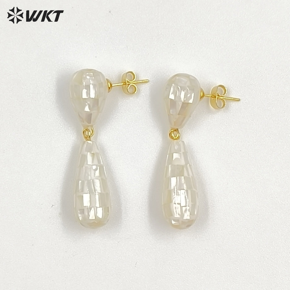 WT-MPE191 Gorgeous Trendy Natural White And Abalone Shell Waterdrop Shape Gold Earrings For Women Vintage Style Jewelry