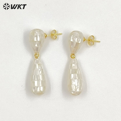 WT-MPE191 Gorgeous Trendy Natural White And Abalone Shell Waterdrop Shape Gold Earrings For Women Vintage Style Jewelry