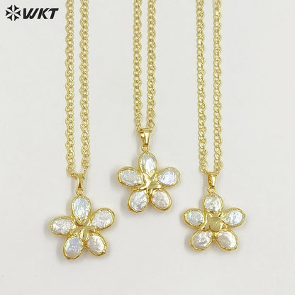 WT-JN339 Wonderful Gold Plated Natural Freshwater Pearl Flower Shape Pendant Necklace For Ladies Elegant Jewelry Wearing