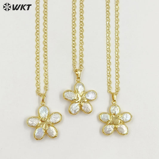 WT-JN339 Wonderful Gold Plated Natural Freshwater Pearl Flower Shape Pendant Necklace For Ladies Elegant Jewelry Wearing