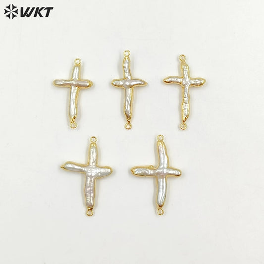 WT-C095 Wholesale Amazing Double Loops Freshwater Pearl Cross Pendant for Jewelry Findings Irregular Natural Real Pearl Cross