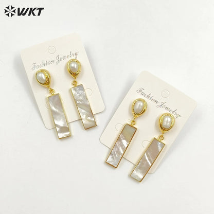 WT-E421 Elegant Snow-white Shell Women Earrings Shell Rectangular Bar Drop Earring With White Crystal Nail Earrings Jewelry