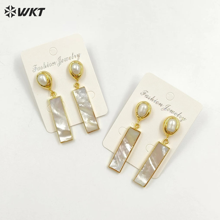 WT-E421 Elegant Snow-white Shell Women Earrings Shell Rectangular Bar Drop Earring With White Crystal Nail Earrings Jewelry