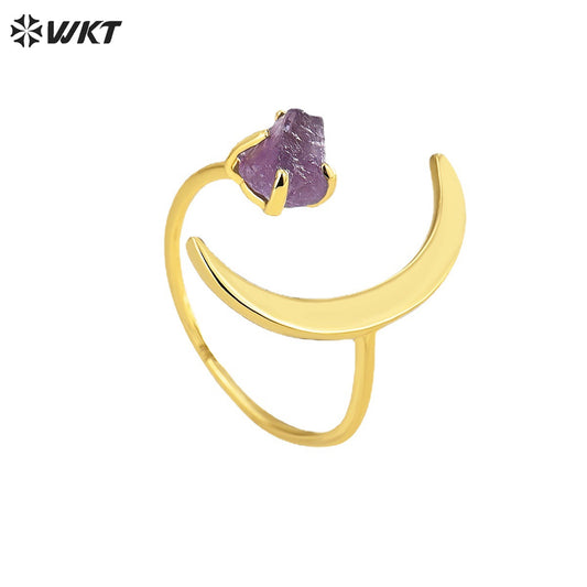 WT-R494 Women Fashion Unique 18K Real Gold Plated Crescent Horn Moon Raw Amethyst Stone Ring in Office Style