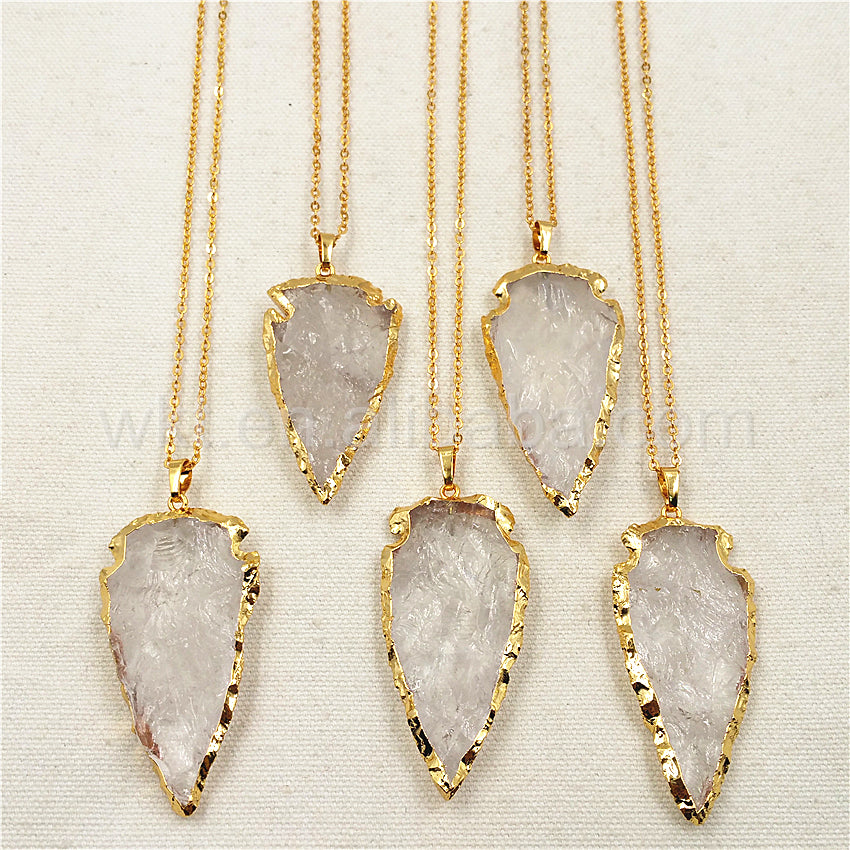 WT-N791Wholesale Big Size 2 Inch Long Hammer Raw Crystal Quartz Arrowhead Necklace with 24k Real Gold Plated