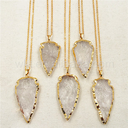 WT-N791Wholesale Big Size 2 Inch Long Hammer Raw Crystal Quartz Arrowhead Necklace with 24k Real Gold Plated