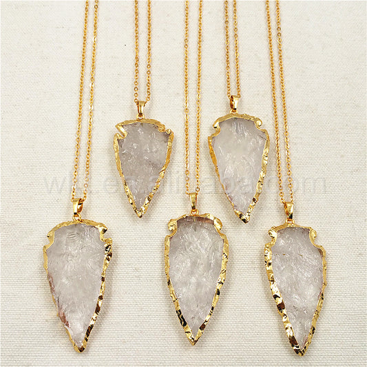 WT-N791Wholesale Big Size 2 Inch Long Hammer Raw Crystal Quartz Arrowhead Necklace with 24k Real Gold Plated