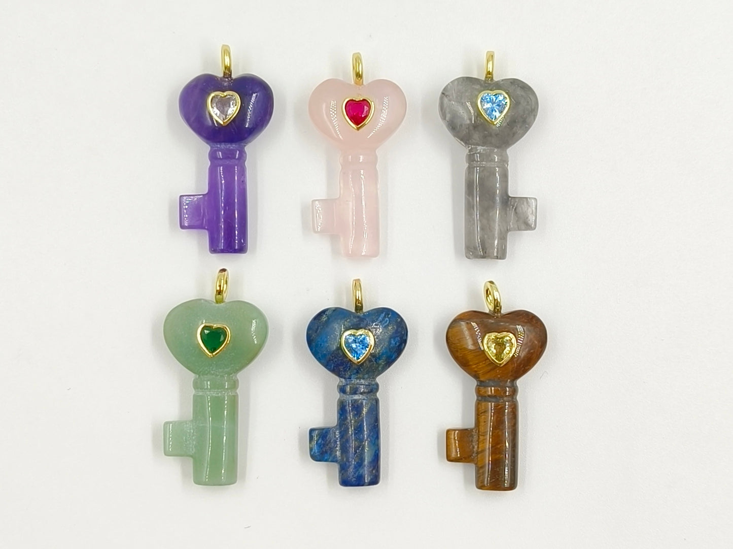 WT-P2057 New Fashion Heart Shape Colorful Zircon And Natural Gemstones Carved Key Pendants For Friend Lovely Gift Making