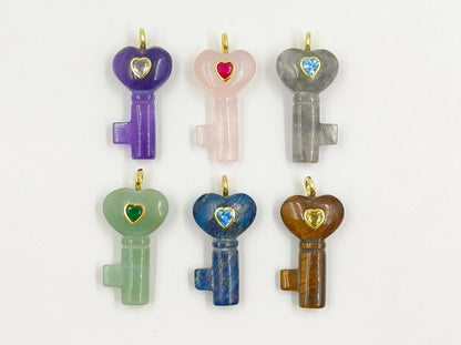 WT-P2057 New Fashion Heart Shape Colorful Zircon And Natural Gemstones Carved Key Pendants For Friend Lovely Gift Making