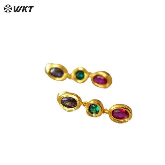 WT-ME106 Wholesale Fashion 18K Real Gold Plated Long Dangle Oval Colorful Cubic Zircon Women Earrings