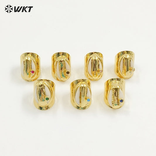 WT-R335 Wholesale Bohemian Style Cowrie Ring With Multicolor Beads in 18K Gold Plated Adjustable Natural Cowrie Shell Ring