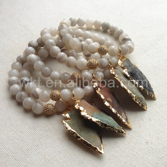 WT-B257 Vintage Trendy Fashion Wholesale New Flexible Grey Agate Beads Bracelet, Fashion 8mm Round Beads