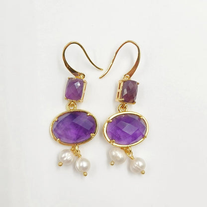 WT-MPE110 Bohemia Elegant Natural Pearl and Stone 18k Gold Plated Gift for Women Weeding 58mm Romantic Pendant Earrings