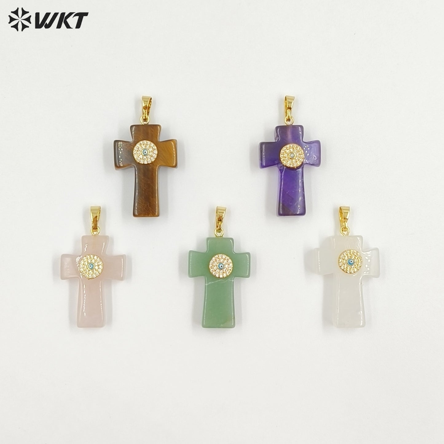 WT-P2046 Hot Sales Vintage Style Rose Quartz Multi Natural Gemstones With Zircon Cross Pendants For Women Fashion Jewelry Making