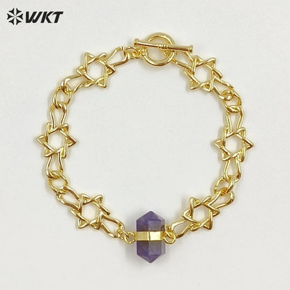 WT-B717 Exclusive Lovely Gold Plated Yellow Brass Heart Star Chain With Natural Gemstones Charms Bracelets As Friends Gift