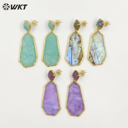 WT-E826 Factory Wholesale Gold Plated Colorful Natural Gemstones Long Earrings For Female Party Wearing Jewelry Accessory