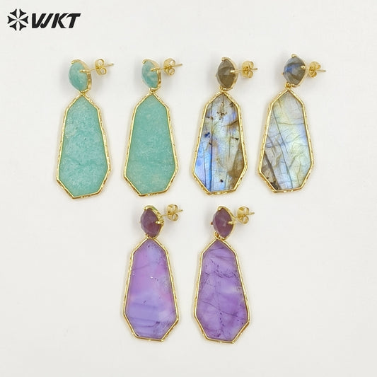 WT-E826 Factory Wholesale Gold Plated Colorful Natural Gemstones Long Earrings For Female Party Wearing Jewelry Accessory