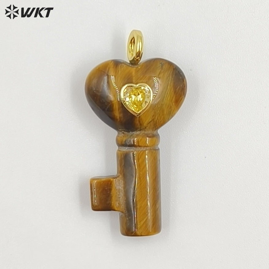 WT-P2057 New Fashion Heart Shape Colorful Zircon And Natural Gemstones Carved Key Pendants For Friend Lovely Gift Making