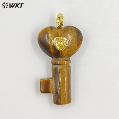 WT-P2057 New Fashion Heart Shape Colorful Zircon And Natural Gemstones Carved Key Pendants For Friend Lovely Gift Making