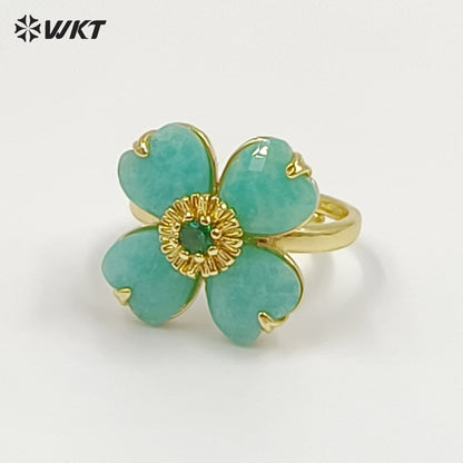WT-R602 Gorgeous Design Gold Plated Zircon And Colorful Natural Gemstone Flower Shape Rings Adjustable For Party Wearing Jewelry