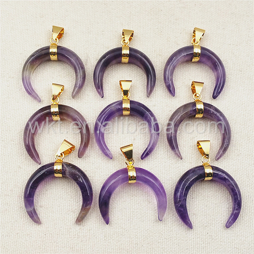 WT-P987 Wholesale Beautiful Amethyst Stone Pendant Fashion Crescent Moon Shape With Gold Plated Moon Stone Pendant
