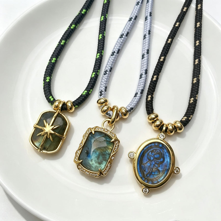 WT-N1544 New Arrival Gothic Vintage Style Silk Cord Chain With Natural Labradorite Stone Pendant Necklaces For Women Party Gift