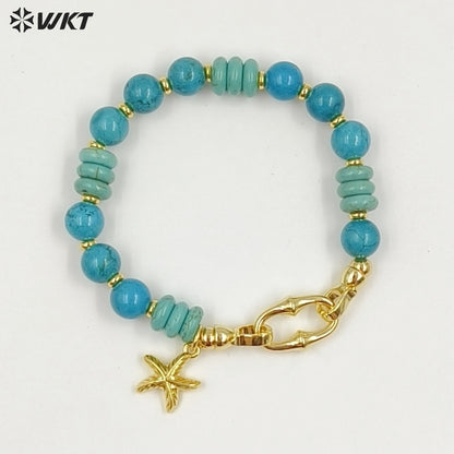 WT-B711 Trendy Gold Plated Natural Gemstones Beads With Little Fish Shell Charms Women Bracelets For Daily Decorative Jewelry