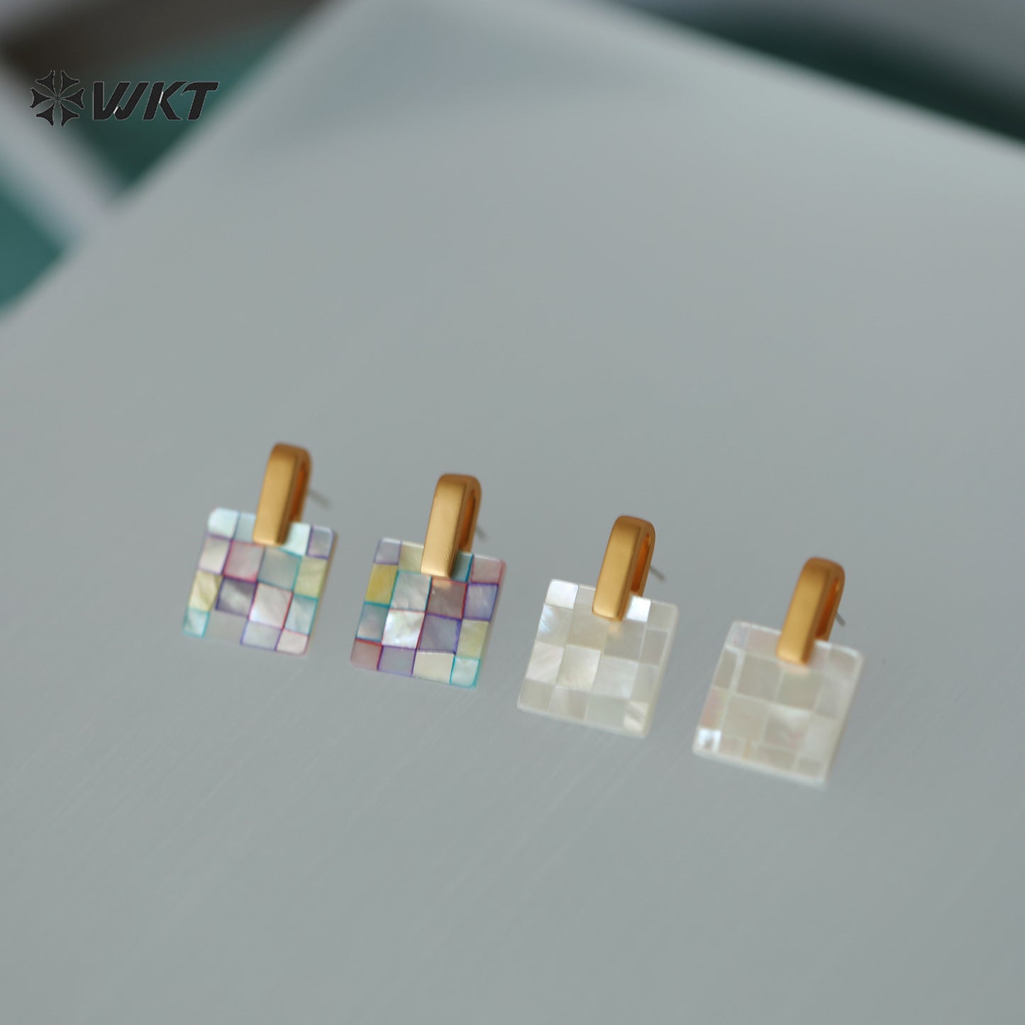 WT-MPE185 Exquisite Simple White And Colorful Splicing Square Mabe Shell Gold Earrings For Female Friends Jewelry Gift