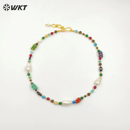 WT-JN264 Gorgeous 8MM Round Faceted Natural Agate and Baroque Pearl Lady Beads Necklace in 26 Inch Long