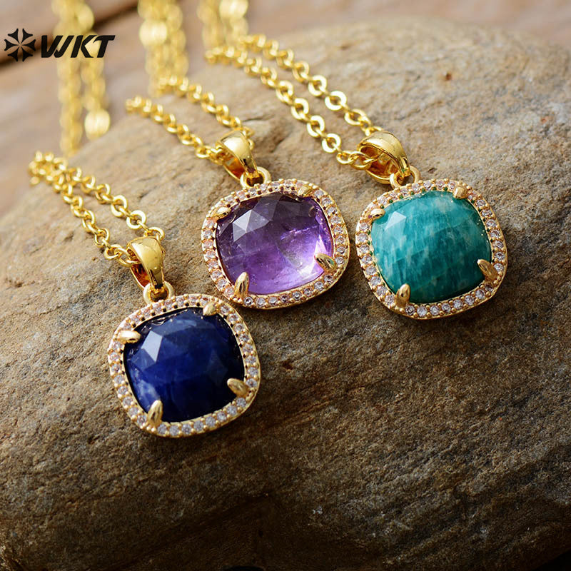 WT-N1488 Fashion Lady Square Micro Pave Setting Natural Amethyst Amazonite Lapis Charm Necklace in 18K Gold Plated
