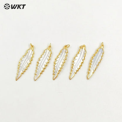 WT-P1090 Fashion Design Carved Feather Shell Pendant,High Quality Gold Plated Edge Long Feather Shell Pendant