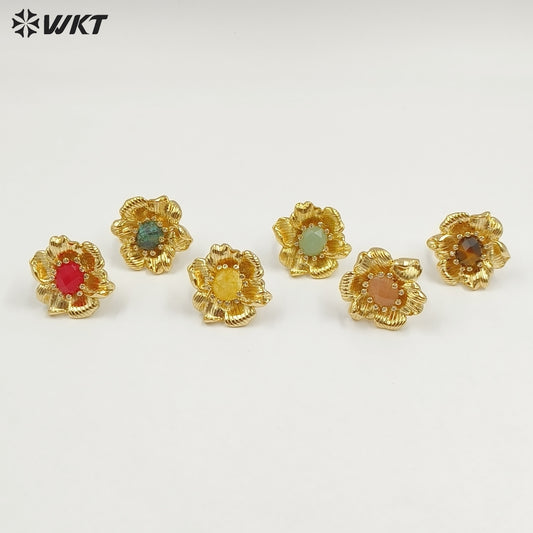 WT-R583 Exquisite Gold Electroplated Zircon And Natural Gemstones Flower Shape Rings For Female Dance Party Jewelry Matching