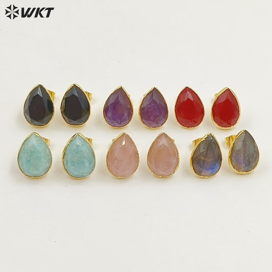 WT-E800 Fashion Classical Gold Plated Various Natural Gemstones Waterdrop Shape Earrings As Lady Elegant Jewelry Decoration