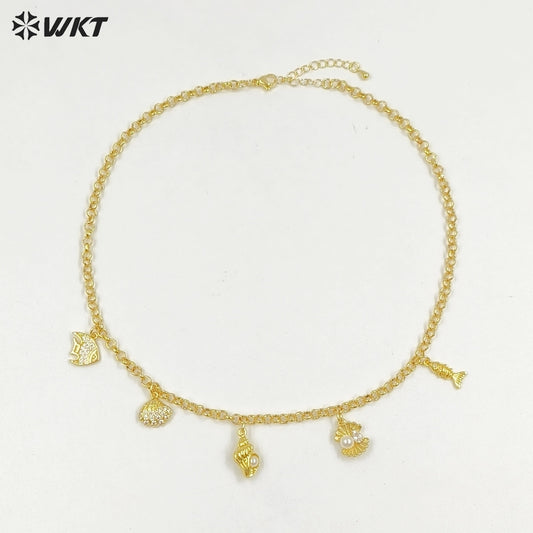 WT-JFN47 Newest Yellow Brass Fine Chain With Gold Plated Small Lovely Shell Charms Necklace For Elegant Ladies Jewelry Matching