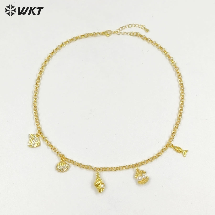 WT-JFN47 Newest Yellow Brass Fine Chain With Gold Plated Small Lovely Shell Charms Necklace For Elegant Ladies Jewelry Matching