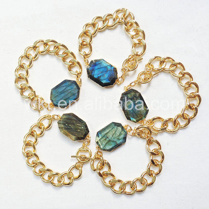 WT-B247 Wholesale High Quality Sparkly Labradorite Stone Bracelet in 24k Real Gold Plated