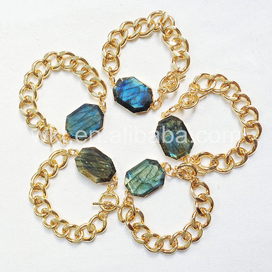 WT-B247 Wholesale High Quality Sparkly Labradorite Stone Bracelet in 24k Real Gold Plated