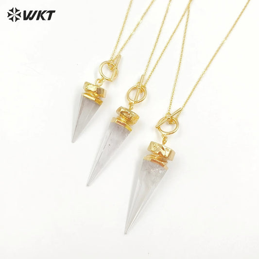 WT-N1463 Wholesale Fashion 18K Real Gold Plated Natural Crystal Quartz Point Energy Healing Bullet Stone Necklace
