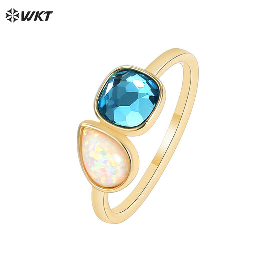 WT-MR037 Blue Square Zircon and Waterdrop Opal Charms Special Exquisite Design Ring for Winter&Autumn Fine Decorative